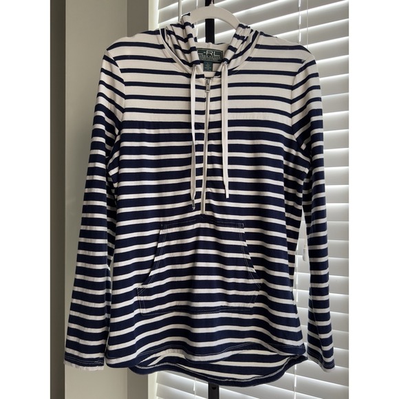 LRL Lauren Active Tops - Lauren Ralph Lauren Active Women's 1/4 Zip Hoodie Cotton White/Navy Stripe